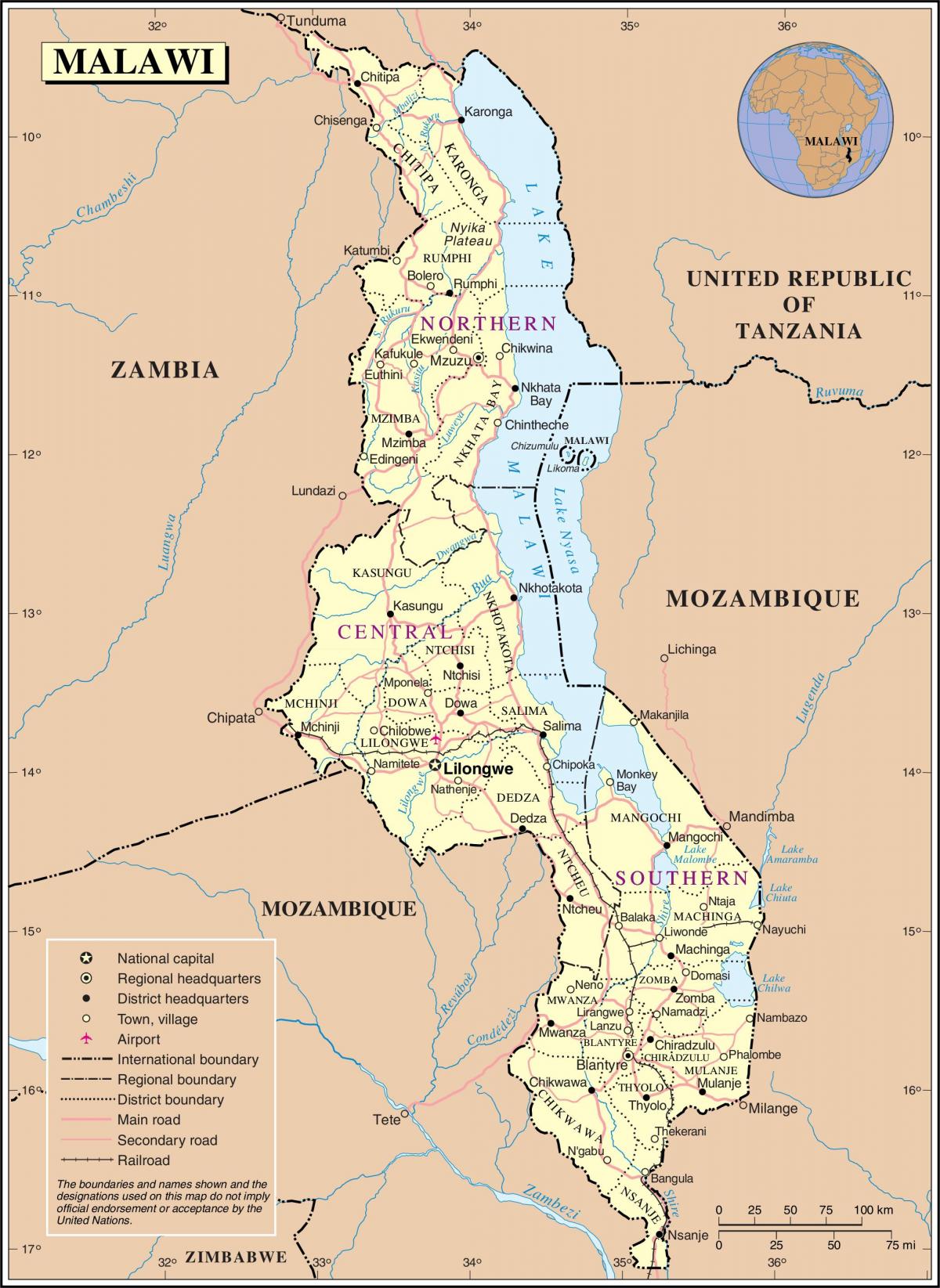 karta Malavi sa slikom cesta